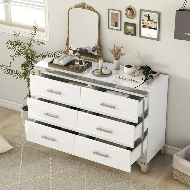 Dresser for Bedroom with 6 Drawer, Elegant High Gloss Dresser & Chest of Drawers with Metal Handle, Wooden Mirrored Storage Drawer Cabinet for Bedroom, Living Room, Entryway, Closet, Hallway, White