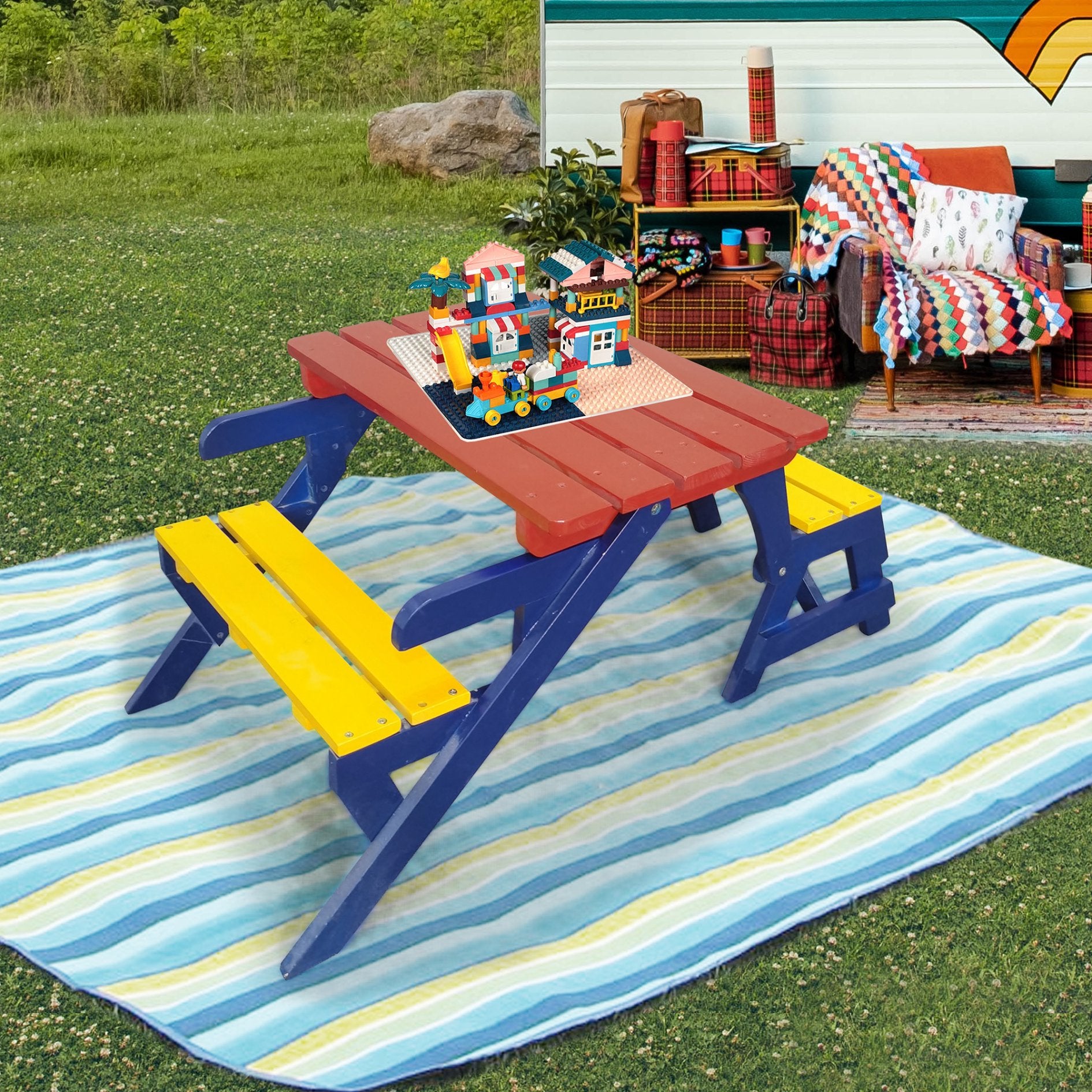 All in One Kids Table and Chairs, Multi Functional Kids Dining Table with Chairs, Wood Arm Chair Table and 2 Benches for Indoor Outdoor Beach Backyard and Lawn