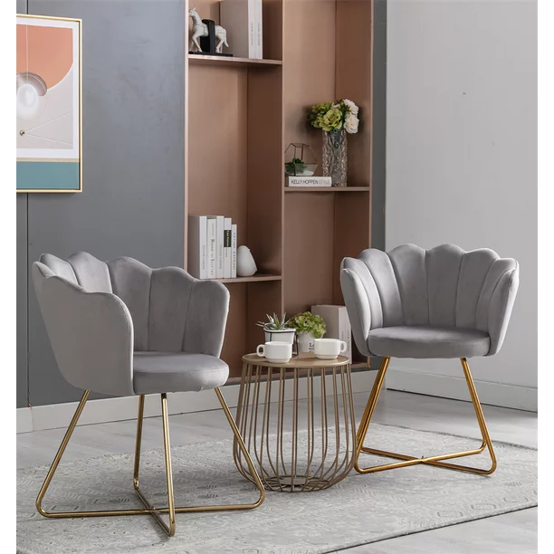 Velvet Accent Lotus Chair Set of 2, Conversation Lounge Chair Dining Chair with Iron Metal Gold Plated Legs, Upholstered Club Chair Chaise Seating for Office Lounge Living Room, Grey