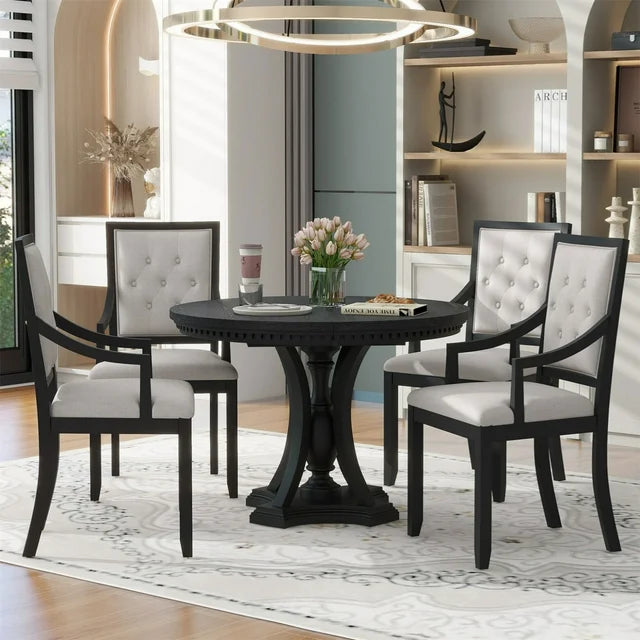 Dining Table Set, 5-Piece Dining Room Set, Retro Extendable Round Kitchen Table and 4 Chairs, Kitchen and Dining Room Sets for Kitchen Dining Room, Black Oak