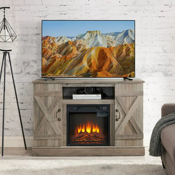 Farmhouse Classic Media TV Stand for TV up to 50",Antique Entertainment Center with 18" Electric Fireplace,Television Stands with Open and Closed Storage Space,Gray Wash