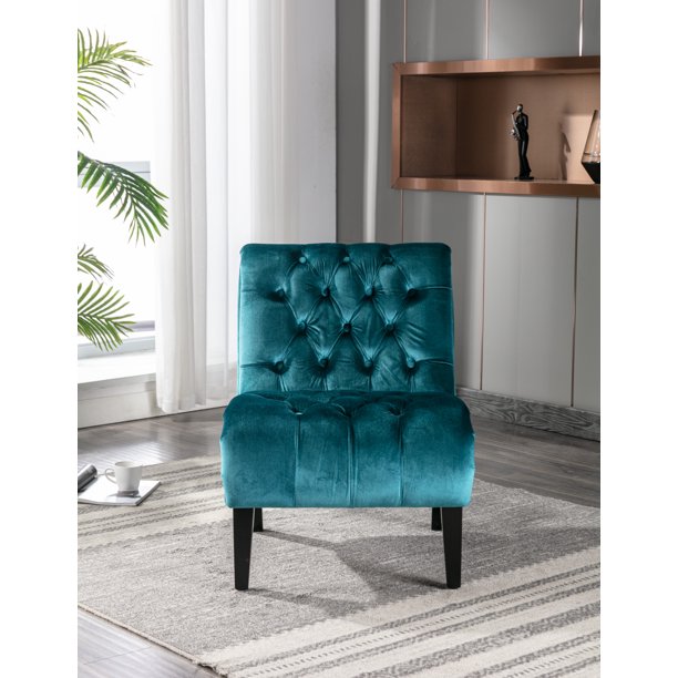 Accent Tufted Armless Chaise Lounge, Leisure Reclining Chair with Wood Legs, Modern Lounge Sofa, for Indoor Home Living Room Bedroom, Teal