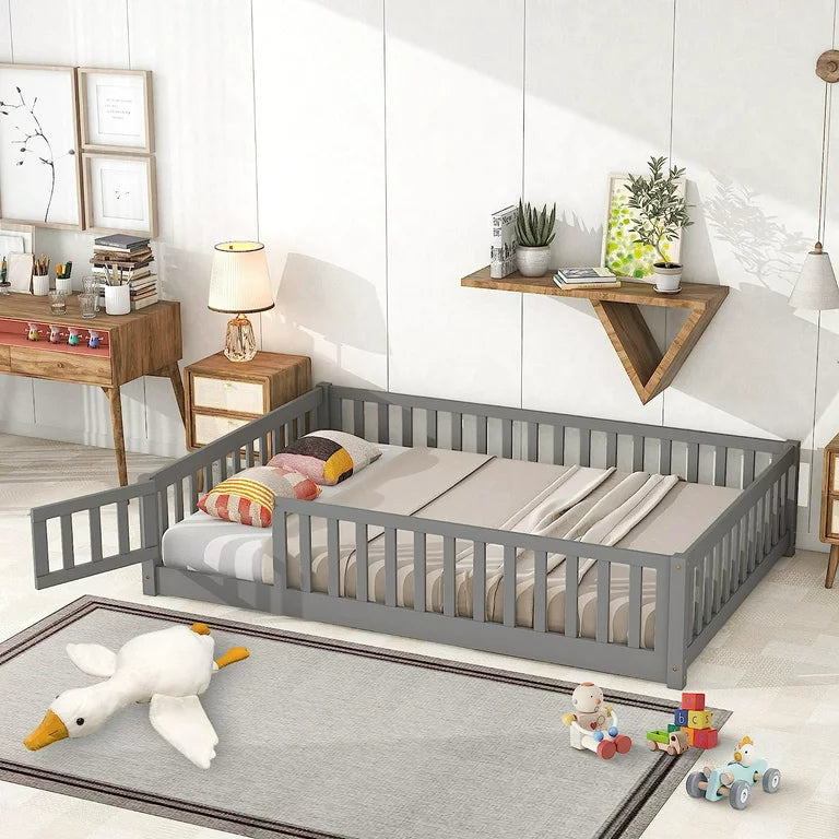 Twin Floor Bed Frame for Toddler, Montessori Floor Bed with Fence and Wood Slats, Low Wood Platform Beds for Girls Boys Kids Happy Time,Gray