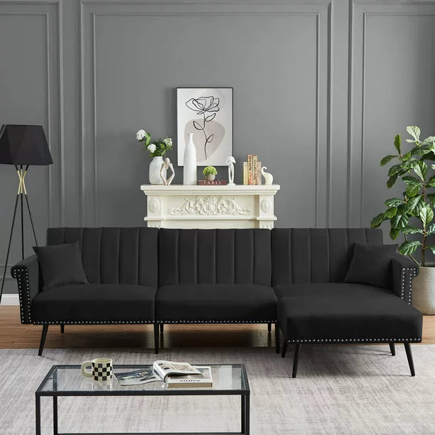 Convertible Velvet Futon Sofa Bed, L-Shaped Sectional Sofa Couch with Adjustable Backrest, Removable Ottoman & 2 Toss Pillows, Mid-Century Modern Modular Sofa, Living Room Furniture Set, Black