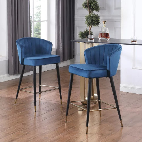 Bar Stools Set of 2, Velvet Tall Bar Chairs with Backrest and Footrest, 36.5"H Upholstered Counter Height Stools for Kitchen Counter Island (Blue, 2 Chairs)