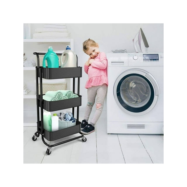 3-Tier Rolling Storage Organizer Cart with Handle and Lockable Wheels, Rolling Metal Organization Cart with Handle, Multifunctional Storage Shelves for Kitchen Living Room Office,Bathroom