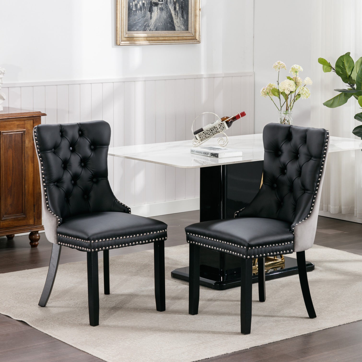 PU Leather Dining Chairs Set of 2, Upholstered High-end Tufted Study Chair with Chrome Nailhead Trim Back and Solid Wood Legs, Modern Counter Chair for Dining Room, Bedroom, Black & Gray