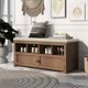 Storage Bench, Rustic Style 2-Door Storage Bench with 4 Small Storage Spaces and Linen Upholstered Top Cushion, Wood Storage Bench for Entryway, Foyer or a Mudroom, Brown & Beige
