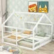 Kids Double Twin Beds, Wooden Double Floor Platform Beds Frame with Fence Railings, Two Shared Beds with Roof for Two Boys Girls Teens, Wood Slat Support, No Box Spring Needed, White