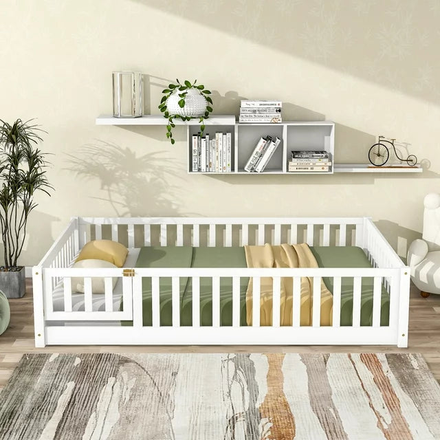 Full Size Floor Bed for Toddlers and Kids, Solid Wood Montessori Floor Bed with Safety Fence Rail and Small Door, Durable Montessori Bed Frame with Sturdy Slats Support for Boys and Girls, White
