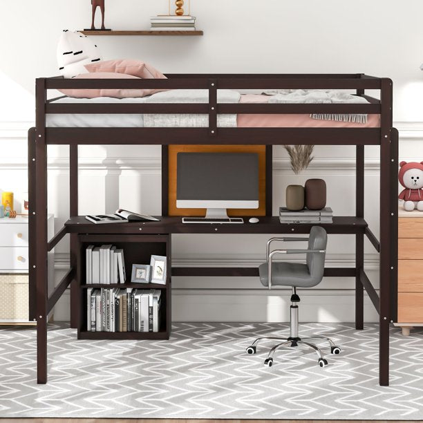 Full Size Loft Bed with Built-in Desk & Writing Board, Wood Loft Bed Frame with 2-Drawer Cabinet and 2 Ladders, Multifunctional Loft Bed with Guardrails for Boys and Girls, Teens, Espresso