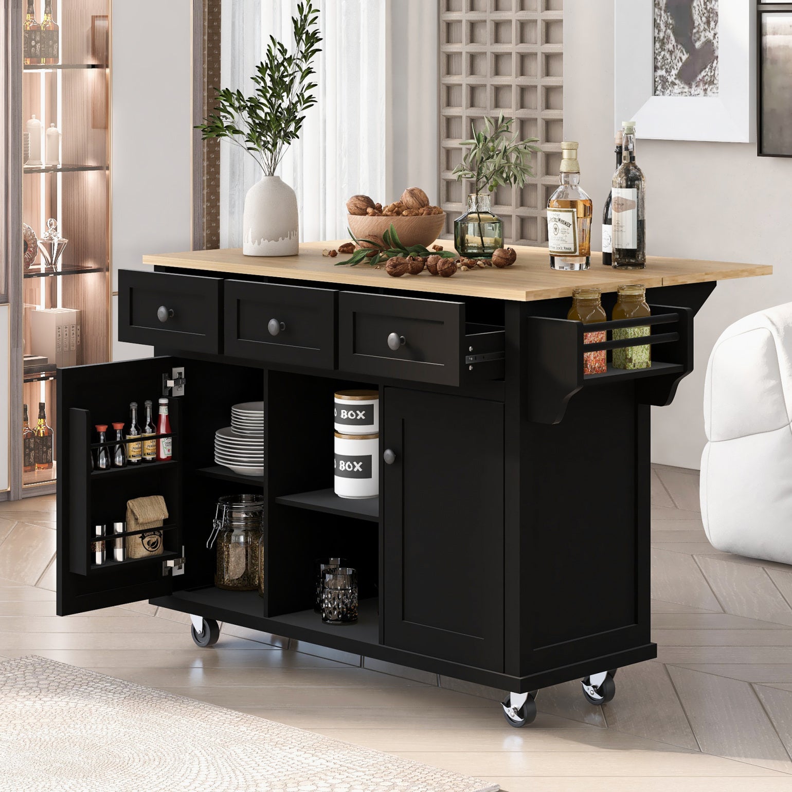 53.1" Kitchen Trolley Cart with 2 Doors & 3 Drawers & Adjustable Shelves, Kitchen Island Cart with Drop-leaf Tabletop and Locking Wheels, Rolling Kitchen Island with Spice Rack and Towel Rack, Black