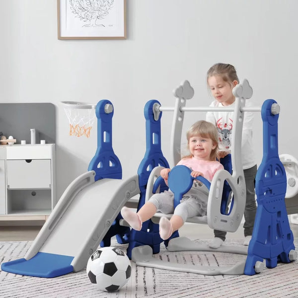 Toddler Slide and Swing Set 3 in 1, Freestanding Baby Slide Climber Playset with Basketball Hoop and Extra Long Slide, Indoor Outdoor Backyard Playground Toys for Toddlers Age 1-5, Blue