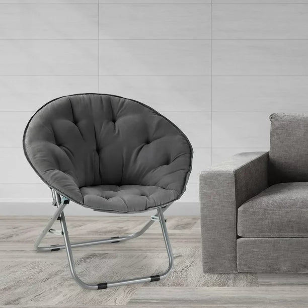 Saucer Lounge Chair, Portable Folding Soft Moon Chair with Metal Frame, Comfy Chair for Bedroom, Dorm Rooms, Apartments, Lounging, Garden and Courtyard, Cozy Faux Fur Lounge Chair, Gray