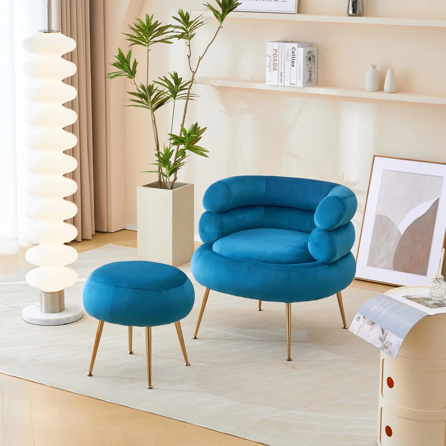 Upholstered Club Chair, Velvet Barrel Chair with Ottoman, Golden Legs, Round Armchair for Living Room, Bedroom, Blue