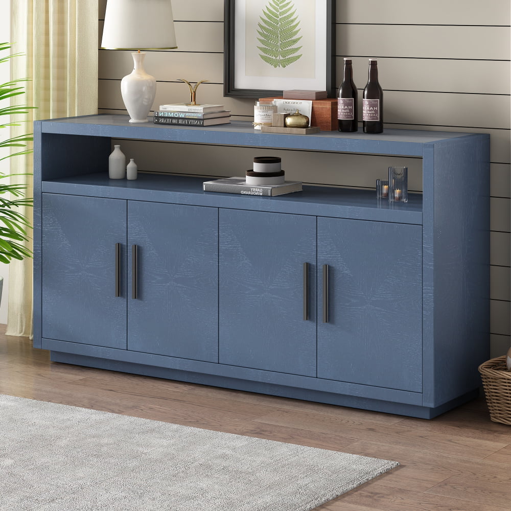 Storage Cabinet Sideboard with Adjustable Shelves, Wooden Cabinet with 4 Metal Handles,4 Doors and 1 Glass Top for Home Hallway, Entryway, Living Room, Bedroom, Navy Blue