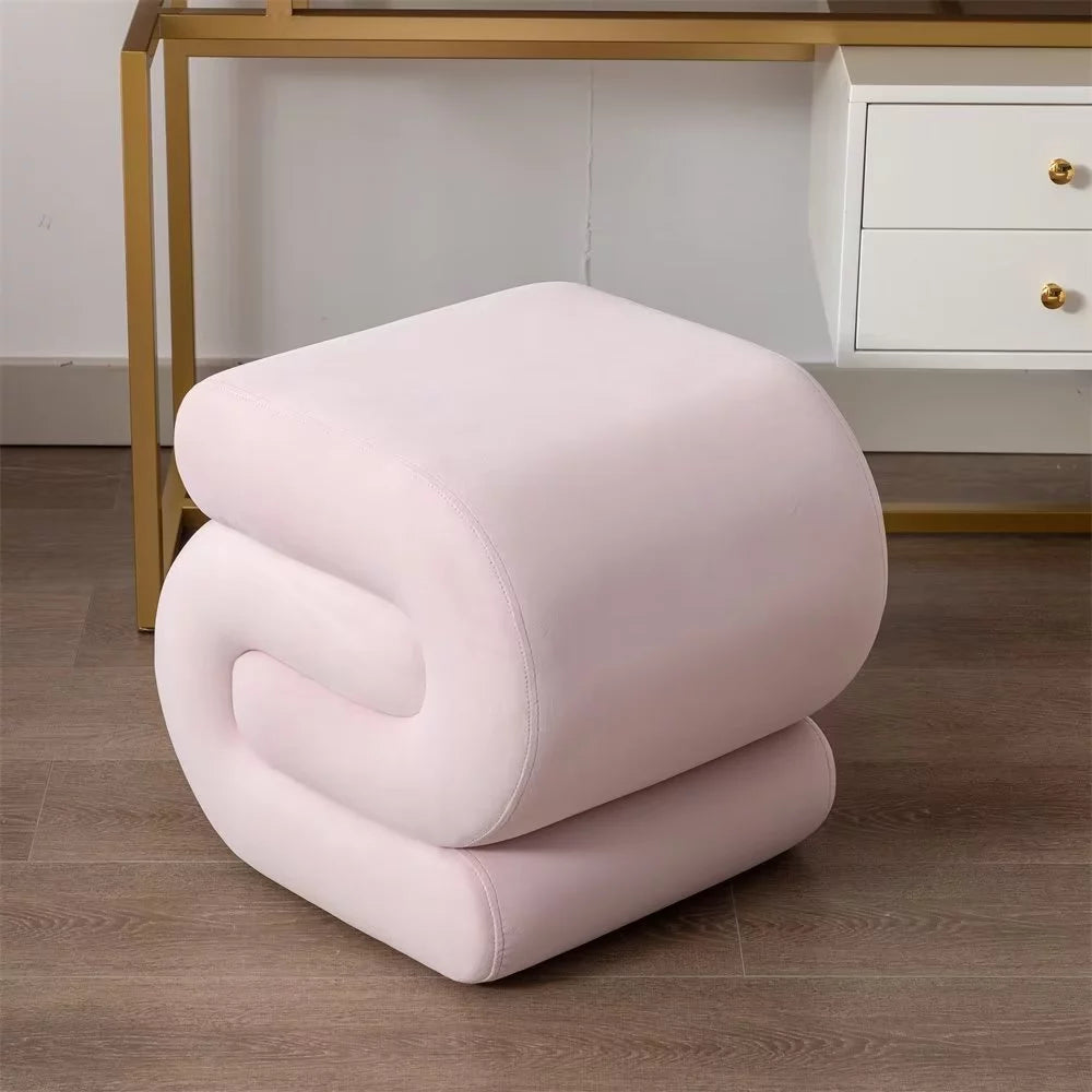 S-shape Footstool, Velvet Upholstered Ottoman, Modern Dressing Makeup Chair for Bedroom Living Room, No Assembly Required, Light Pink