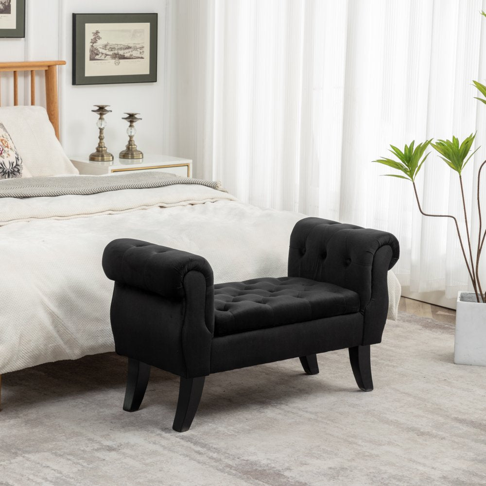 Rolled Armed Velvet Button Tufted Bench, Storage Bench Sofa Stool with Nailhead, Modern Bench for Bedroom, End of Bed, Windows, Sitting, Fireplace Entryway, Living Room, Black