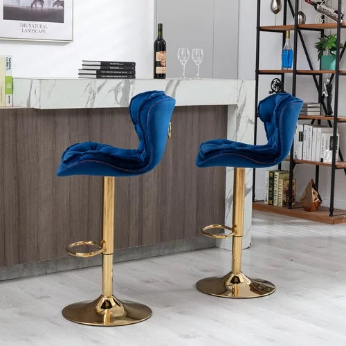 Bar Stools Set of 2, Velvet Upholstered Counter Height Barstools with Soft Cushions & Footrest & Gold Metal Base, Swivel Height Adjustable Dining Chairs for Kitchen Island, Living Room, Blue