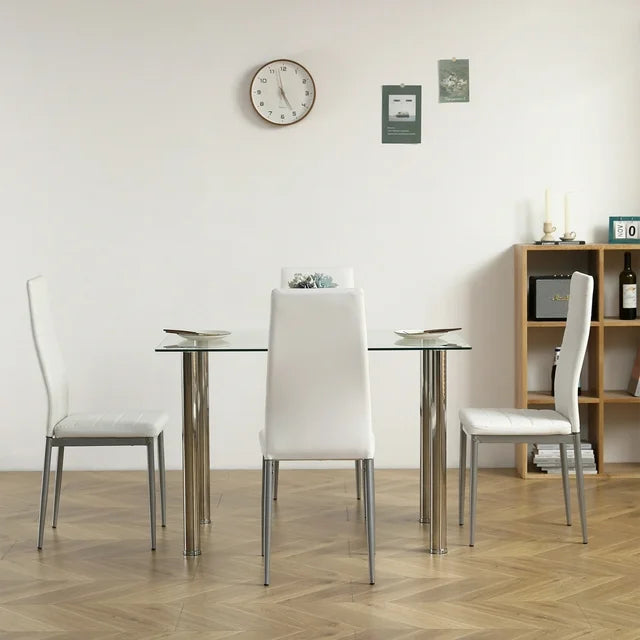 Glass Dining Table Set for 4, 43" Rectangular Glass Dining Table with 4 PU Upholstered Dining Chairs, Kitchen Table and Chairs for Small Living Room, White