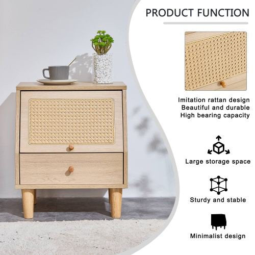 Rattan Nightstand, Modern Simple Storage Cabinet Bedside Table with 2 Drawers, Small Household Furniture Night Stand for Living Room Bedroom