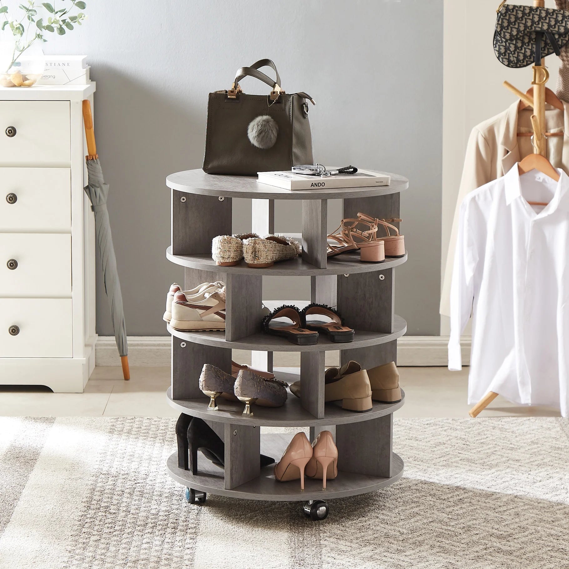 4-Tier Round Pushable Shoe Cabinet on Wheels, Wooden Rotating Shoe Rack Tower for 16-20 pairs of shoes,360°Shoe Storage Organizer for Living Room,Porch, Cloakroom, Gray
