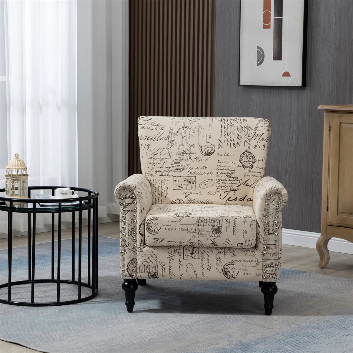 Modern Accent Chair, Mid-Century Single Sofa Chair with Rolled Arm and Solid Wood Legs, Upholstered Club Chair Linen Fabric Reading Armchair with Tufted Back for Living Room Bedroom Office, Beige