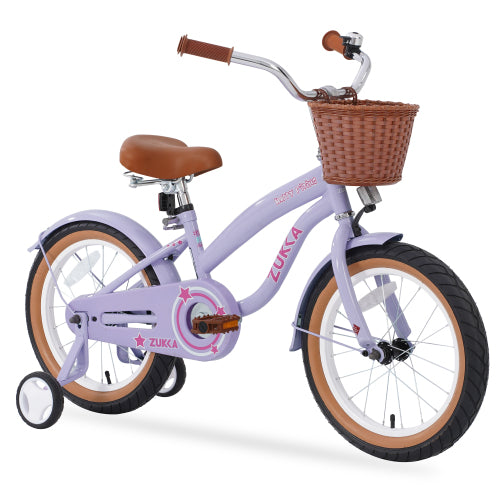 Kids Bike, 16 Inch Girls Bike with Basket for Ages 4-7 Years, Kids' Bicycles with Handbrake, Kickstand, Training Wheels, Purple