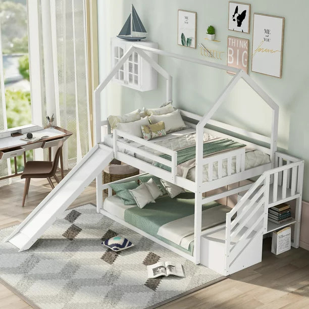 Twin Over Twin Bunk Bed with Convertible Slide,Solid Wood Bunk Bed Frame with Storage Staircase,Playhouse Design Bunk Bed for Boys and Girls,Easy Assembly,White