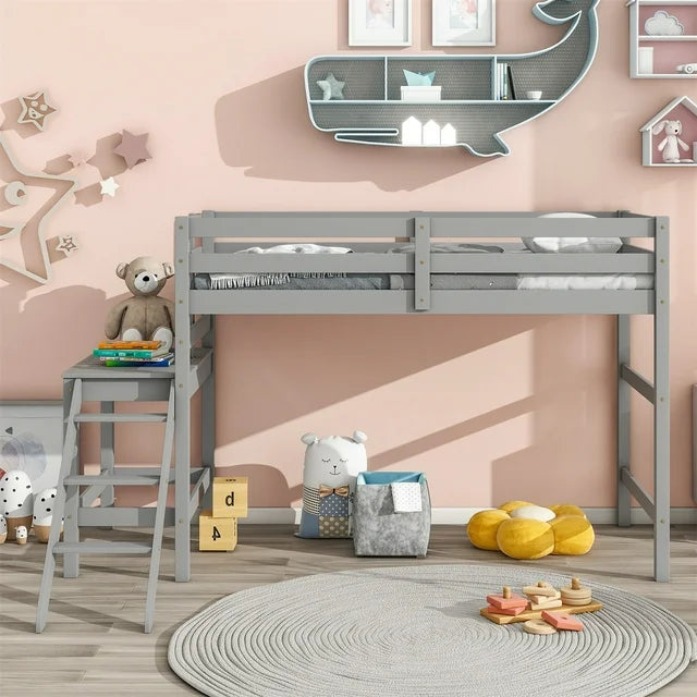 Minimalist Twin Loft Bed for Kids, Pine Wood Loft Bed with Ladder and Platform, Space Saving Loft Bed for Dormitory, Bedroom, Youth Hostel, Gray
