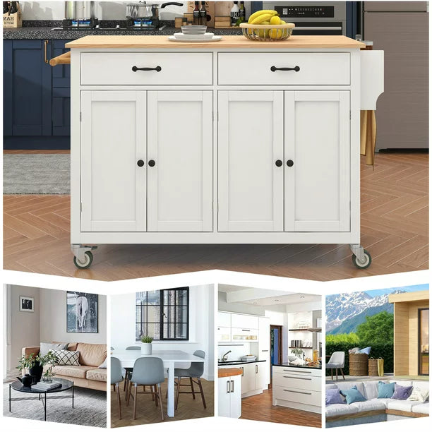 Kitchen Island Cart Kitchen Island on Wheels with Spice Rack, Towel Rack and 2 Drawers, Rolling Mobile Kitchen Island with 4 Door Storage Cabinets and Solid Wood Top, White