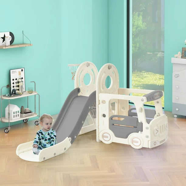 4 In 1 Kids Slide Set, Bus Slide Set with Bus Play Structure for Kids Teens Boys Girls, Freestanding Bus Toy with Slide and Basketball Hoop, Indoor & Outdoor Toys Slide Playset, Easy Setup, Gray