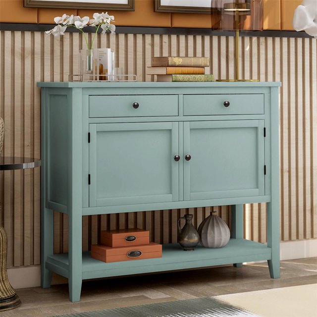 39'' Modern Console Table Sofa Table for Living Room with 2 Drawers, 2 Cabinets and 1 Shelf, Retro Green