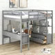 Full Size Loft Bed with Built-in Desk and Storage Shelves, Solid Wood Loft Bed Frame with Drawers, Multifunctional Loft Bed with Guardrail and Ladder for Teens Kids Adults, Gray