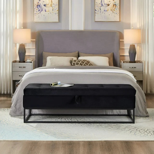 58.6" Storage Bench Velvet Upholstered End of Bed Storage Ottoman Bench Modern Button Tufted Ottoman Bench with Large Storage Space & Metal Legs for Living Room Entryway Bedroom Window Seating, Black