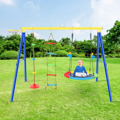 4 in 1 Saucer Swing Set for Backyard, Playground Tree Swing Set with Steel Frames,Playground Swing Set with Saucer Swing,Climbing Rope,Disc Tree and Basketball Hoop,Swing Playset for Kids