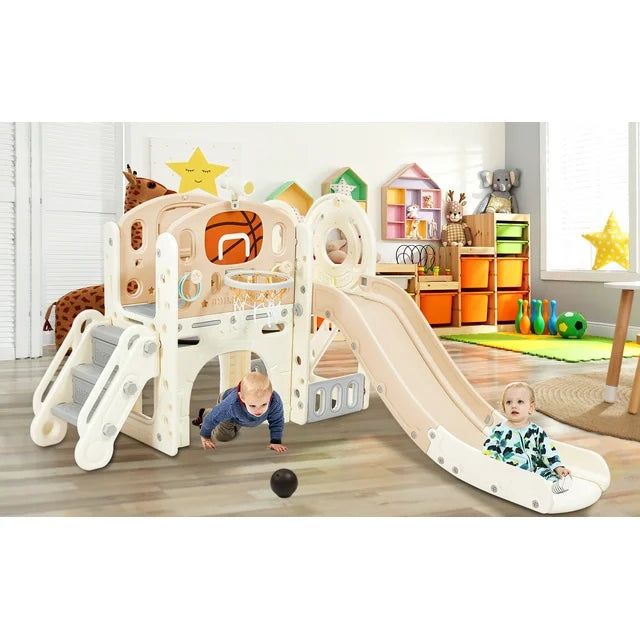 7-in-1 Kids Slide with Climber,Toddler Climber Slide PlaySet with Arch Tunnel and Basketball Hoop, Freestanding Castle Climbing Crawling Playhouse for Toddlers, Kids Climbers Playground