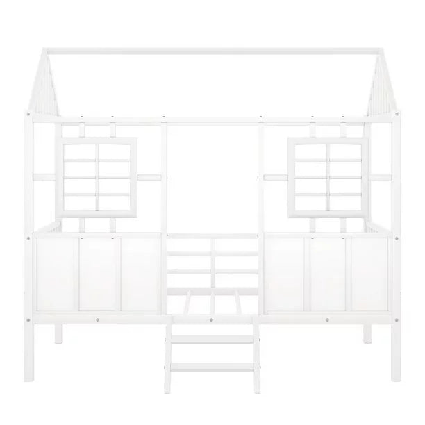 Low Loft Bed Frame,Metal House Shaped Loft Bed with Roof and Two Front