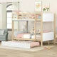 Full over Full Bunk Bed with Pull-out Trundle, Solid Wood 3-in-1 Bed Frames with Side Storage Shelf, Ladder and Safety Guardrails, Modern Full Bed for Boys and Girls Bedroom, Natural+White