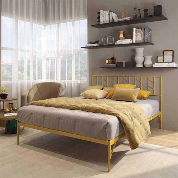 JINS&VICO Queen Size Metal Platform Bed with Vintage Headboard,Modern Platform Bed Frame with Strong Slats Support,13.5" Metal Mattress Foundation for Storage,No Box Spring Needed,Easy Assembly, Gold