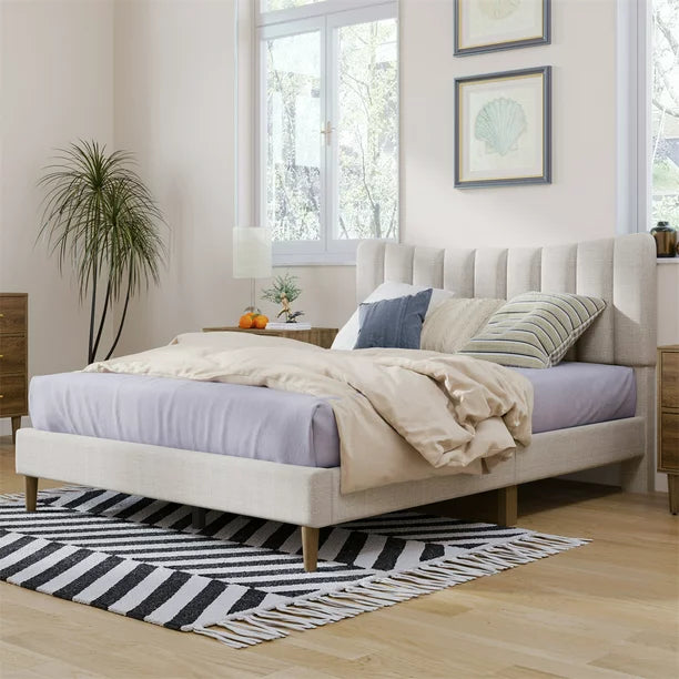 Full Size Platform Bed, Upholstered Platform Bed Frame with Vertical Channel Tufted Headboard, Bedroom Full Bed with Slat Support and Wood Legs for Teens Adults, No Box Spring Needed, Cream