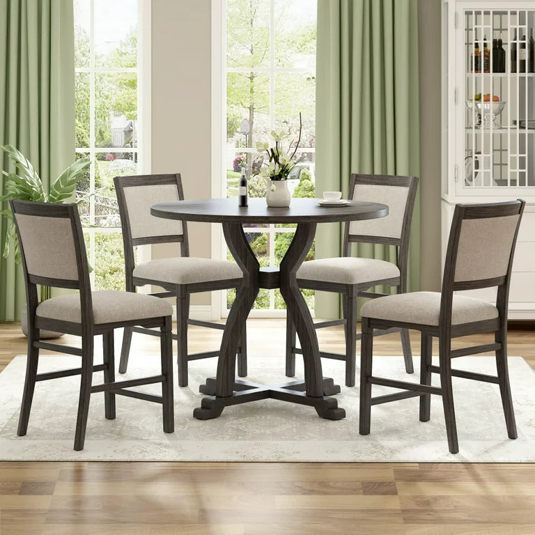 5 Piece Round Dining Table Set with Trestle Legs and 4 Upholstered, Dining Chairs for Small Place, Farmhouse Style, Kitchen Table Set for 4 Persons, Family Kitchen Furniture, Gray