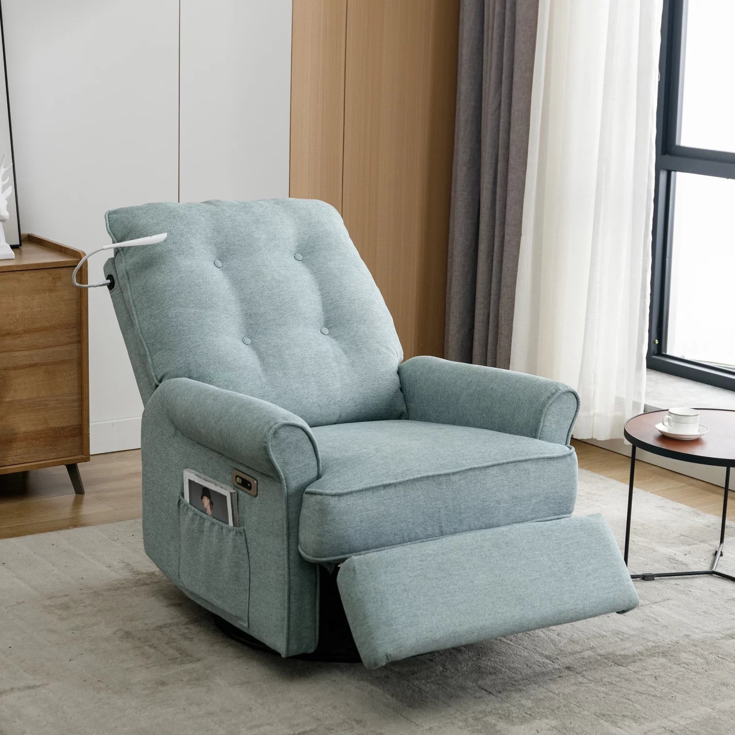 Convertible Swivel Recliner Sofa Chair with USB Port and Touch Sensitive Lamp, Linen Upholstered Recliner Lounge Chair with Side Pocket, Comfy Sleeper Chaise Lounge with Thick Cushion, Lotus Green