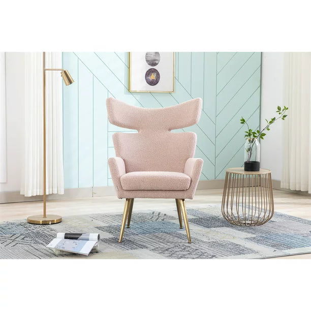 Curved Tufted Accent Chair with Gold Metal Legs,Upholstered Velvet Wingback Armchair High Back Lounge Leisure Chair,Comfy Single Sofa Chair Vanity Chair for Living Room Bedroom Waiting Room,Pink