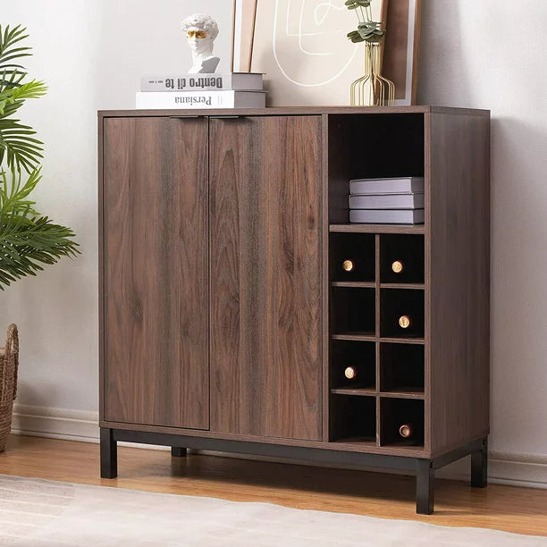 Mid-Century Modern Wood Buffet Sideboard, Coffee Bar Cabinet with Storage Wine Racks, Kitchen Sideboard Home Wine Cabinet for Liquor, 2 Doors, Open Storage Shelves, Dark Brown