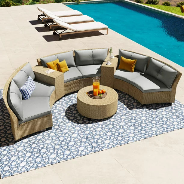9-Piece Outdoor Wicker Round Sofa Set, Half-Moon Sectional Patio Sofa Set with Side Table, Curved Sofa Set With Round Coffee Table, Steel Legs, Movable Cushion, Gray Cushion & Brown Frame