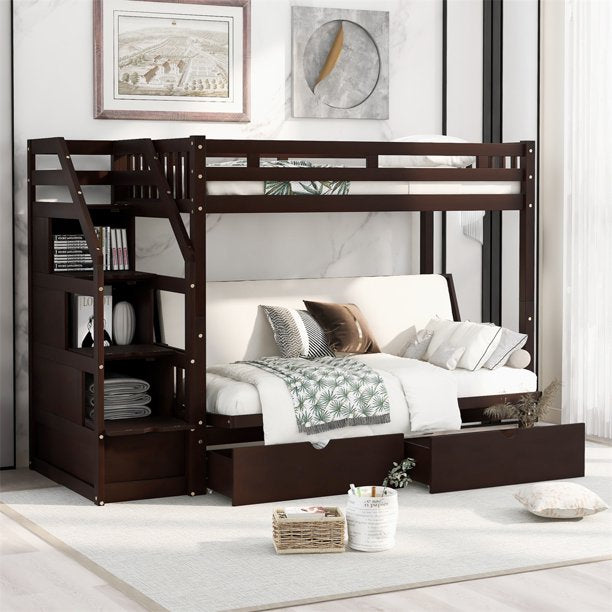 Convertible Futon Bunk Bed with Two Drawers and Storage Staircase Wood Twin over Full Bunk Bed Frame with Full-Length Guardrail & Handrail Down Bed Can Be Converted into Daybed for Boys Girls Espresso