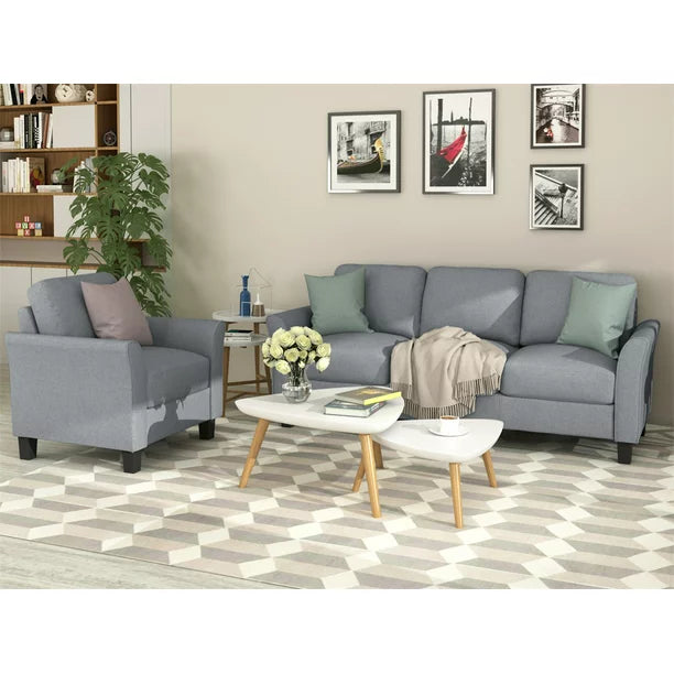 2 Piece Sectional Sofa Set, Modern Linen Upholstered Sofa Couch with 3-seat Sofa and Accent Armchair, Comfy Living Room Sofa Set with Padded Cushions and Armrests for Bedroom Apartment Office, Gray