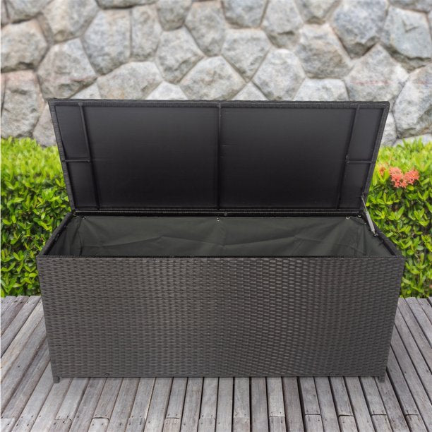 Outdoor Storage Box, 113 Gallon Wicker Patio Deck Boxes with Lid, Large Outdoor Storage Container Storage Bench for Patio Furniture, Outdoor Cushion, Garden Tools and Pool Supplies, Black