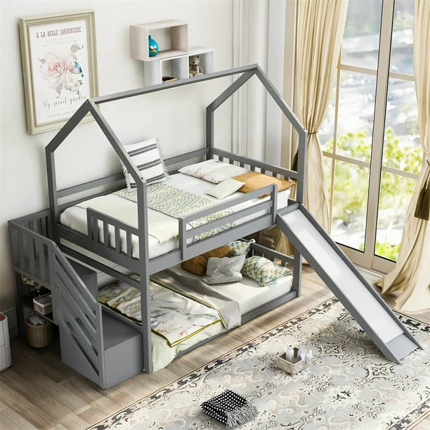 House Bunk Beds with Convertible Slide and Storage Staircase, Solid Wood Twin over Twin Low Bunk Bed Frame with Safety Guardrail & Handrail, Space-Saving Floor Bunk Bed, No Box Spring Need, Grey